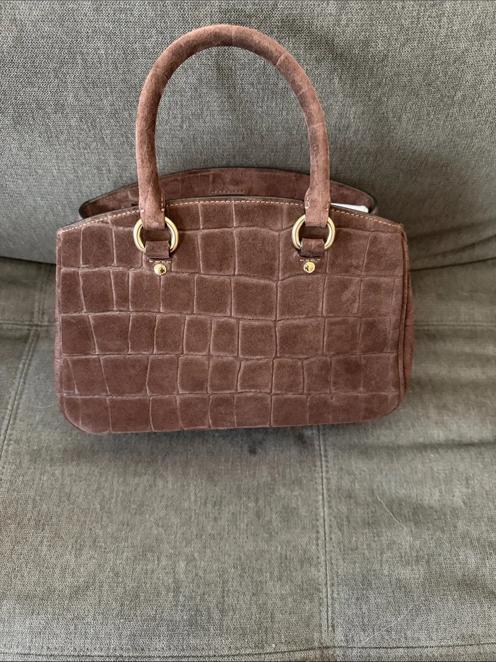 Coach Savannah Small Brown Suede Croc-Embossed Carryall with Gold Hardware